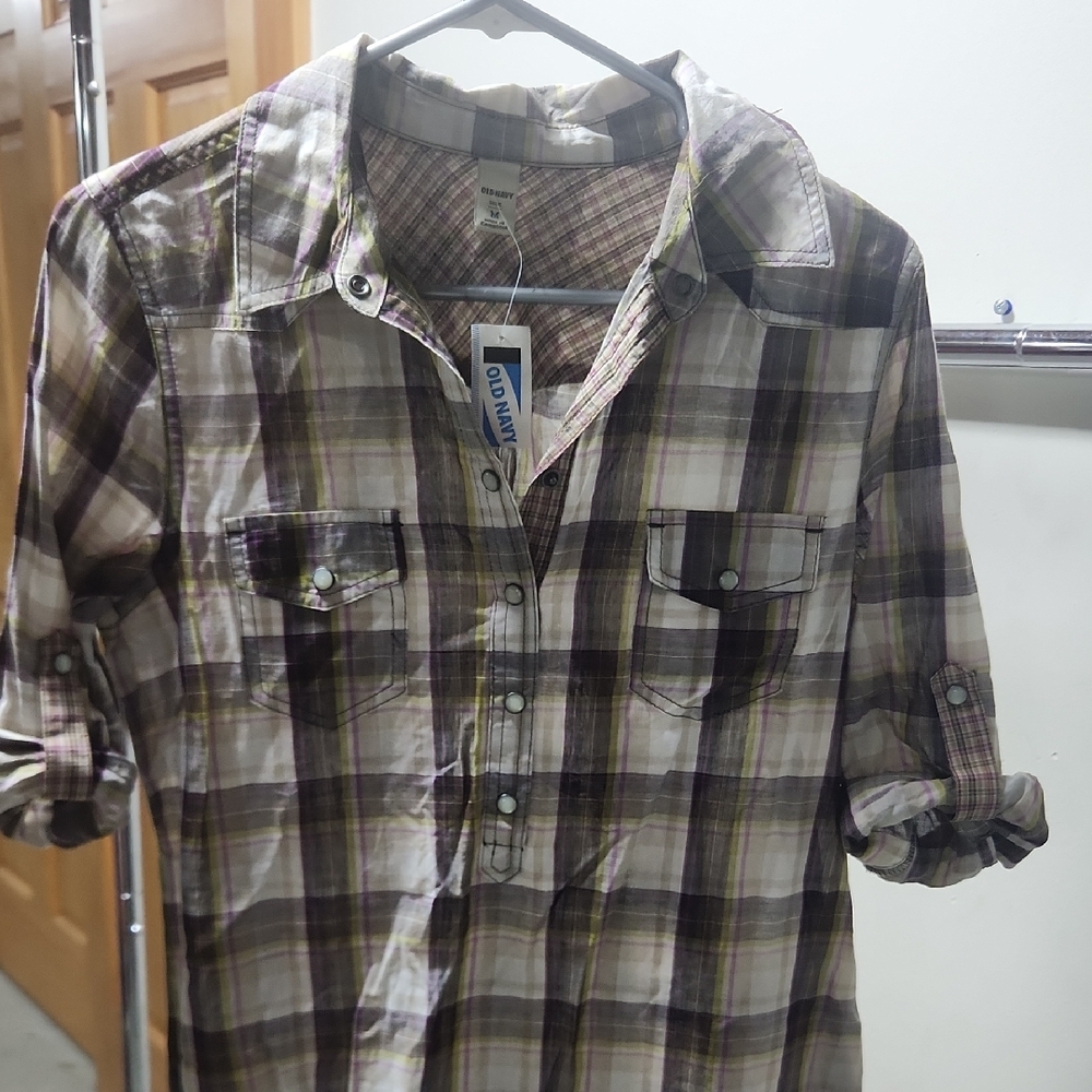 Old Navy Plaid Button-Front Dress in Purple and Cream